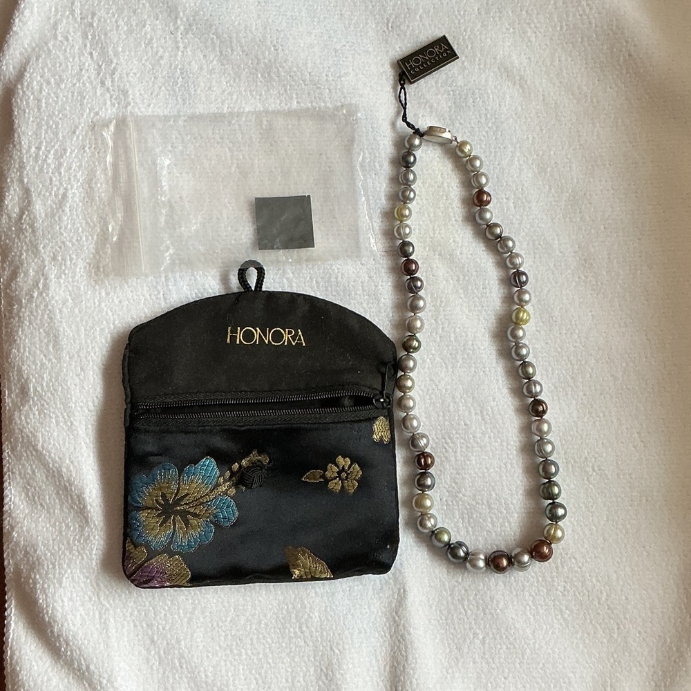 Honora Pearl Necklace with Black Floral Pouch
